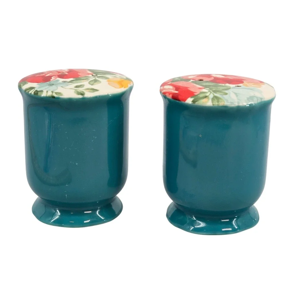 Pioneer Woman Vintage Floral Teal Salt and Pepper Shaker Set Ceramic